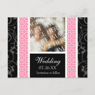 Pink White Polkadots Black Damask Save The Dates A Announcement Postcard