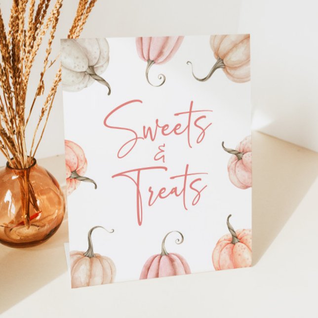 Pink White Pumpkin Fall Sweets and Treats Pedestal Sign (Creator Uploaded)