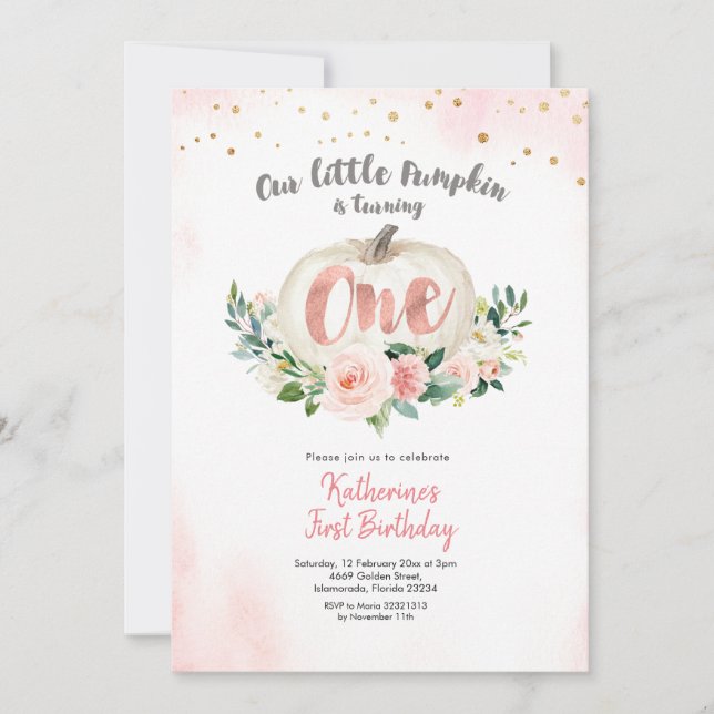 Pink White Pumpkin First Birthday Invitation (Front)