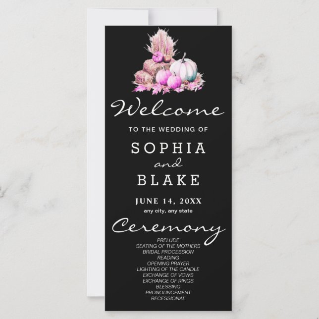 Pink & White Pumpkins Fall Black Wedding Program (Front)
