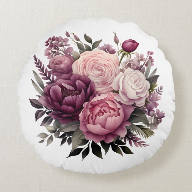 Pink White Purple Rose Peonies Floral Flower  Round Pillow (Front)