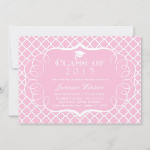 Pink + white quatrefoil graduation announcement