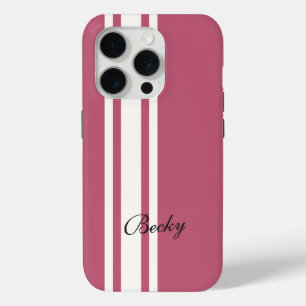 Pink White Racing Stripes Elegant Name iPhone 15 Pro Case