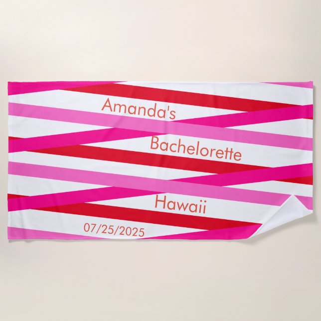 Pink White Red Pattern Monogram Bachelorette Party Beach Towel (Front)