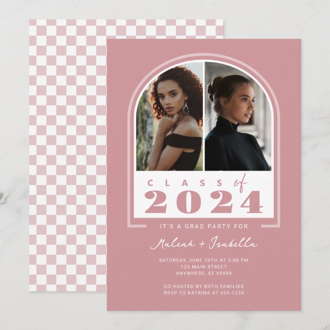 Pink White Retro Arch Photo Graduation Party Invitation (Front/Back)