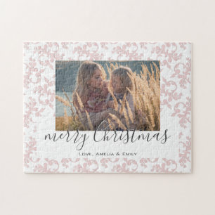 Pink White Rococo Merry Christmas Script Photo Jigsaw Puzzle