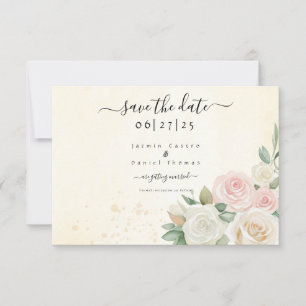 Pink & White Rose Blooms Flat Save The Date Card