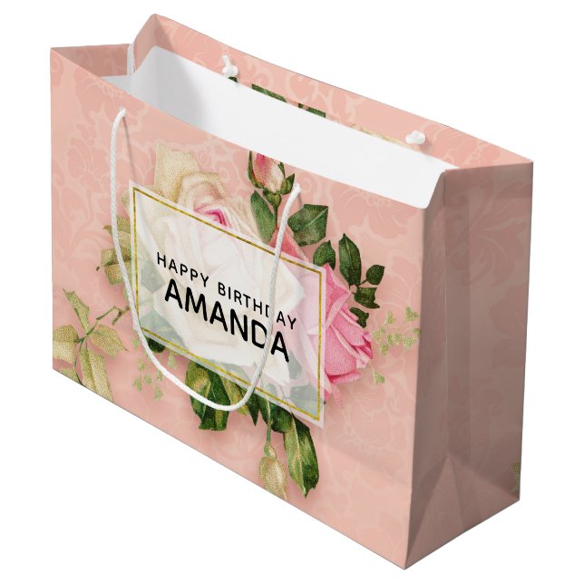Pink & White Rose Bouquet Birthday Large Gift Bag (Front Angled)
