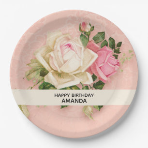 Pink & White Rose Bouquet Birthday Paper Plate