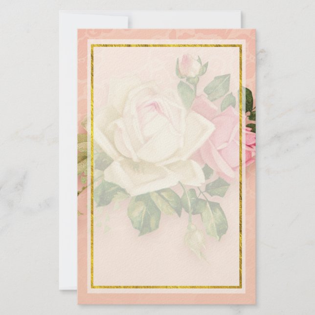 Pink & White Rose Bouquet Stationery (Front)