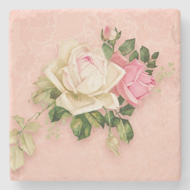 Pink & White Rose Bouquet Stone Coaster (Front)