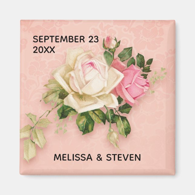 Pink & White Rose Bouquet Wedding Magnet (Front)