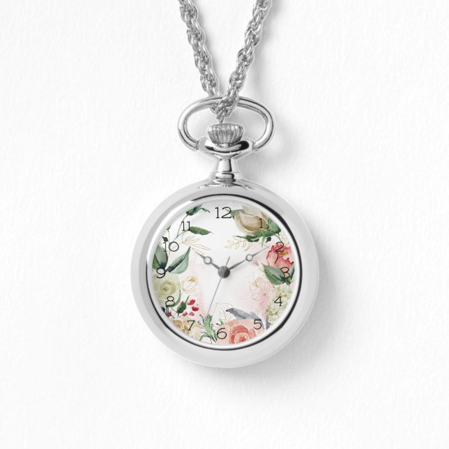 Pink & White Rose Circlet Necklace Watch (Front)