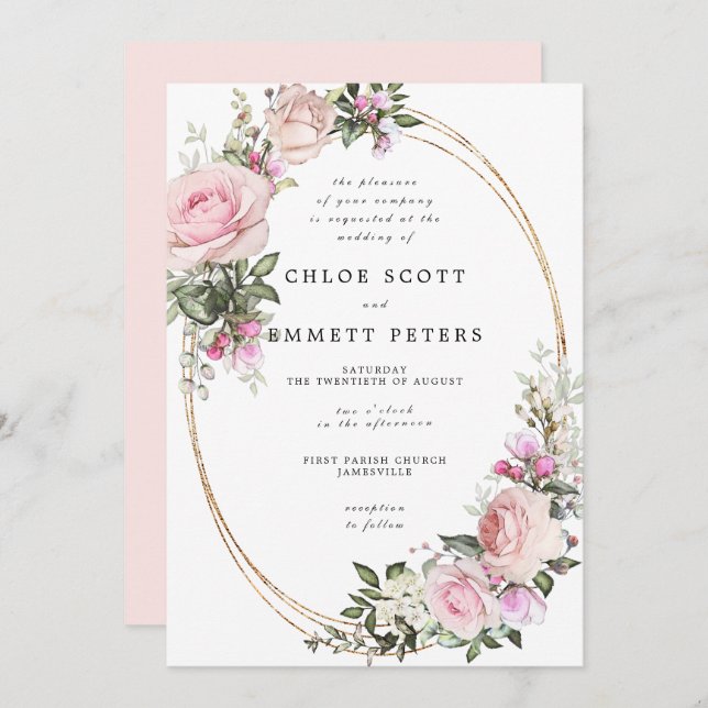 Pink White Rose Floral Waterolor Wedding Invitation (Front/Back)