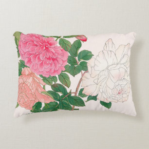 Pink & White Rose Flowers with Green Leaves Accent Pillow