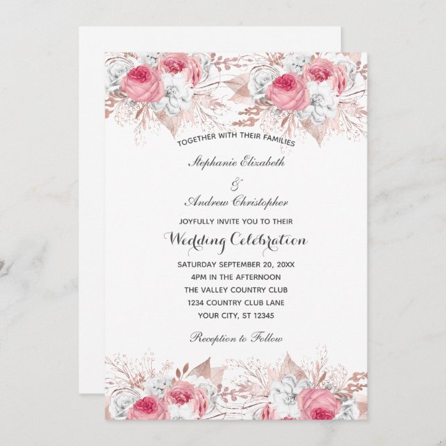 Pink White Rose Gold Floral Botanical Wedding  Invitation (Front/Back)