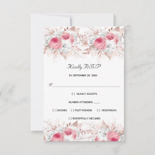Pink White Rose Gold Floral Formal Elegant Wedding RSVP Card