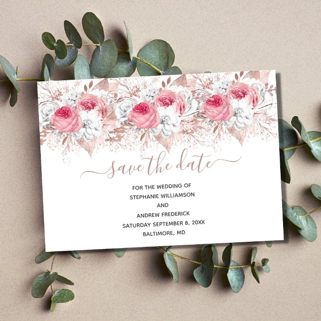 Pink White Rose Gold Floral Wedding Save the Date  Invitation (Pink White Rose Gold Floral Wedding Save The Date Card)