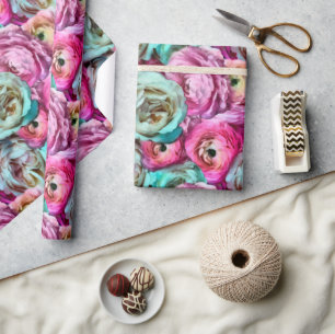 Pink & White Rose & Peony Flowers Wrapping Paper
