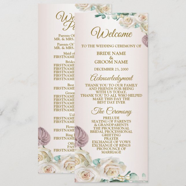 Pink White Rose Watercolor Greenery Golden Wedding Program (Front/Back)