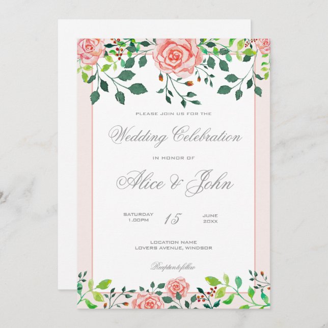 Pink & White Rose Wedding Invitation (Front/Back)