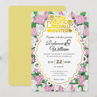Pink & White Rose Wedding Invite - Gold Letters 4
