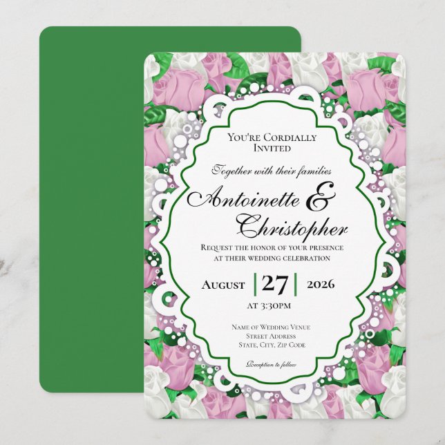 Pink & White Rose Wedding Invite - Green Border (Front/Back)
