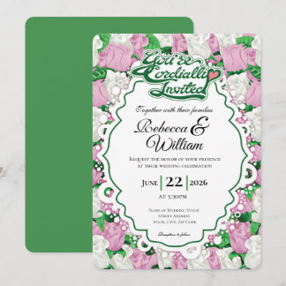 Pink & White Rose Wedding Invite - Green Letters 1