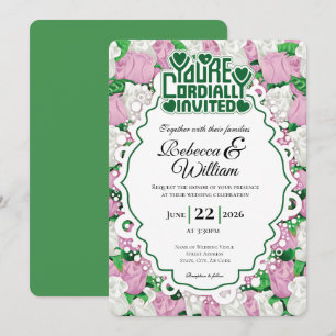 Pink & White Rose Wedding Invite - Green Letters 3
