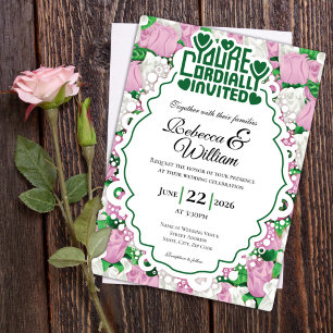 Pink & White Rose Wedding Invite - Green Letters 4
