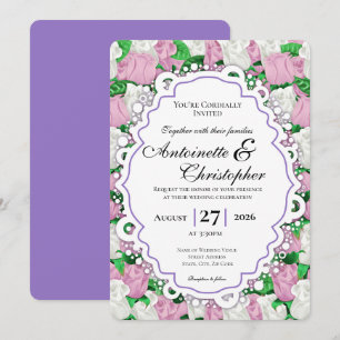 Pink & White Rose Wedding Invite - Purple Border