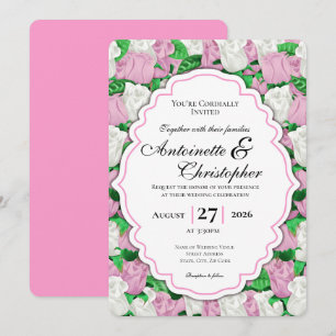 Pink & White Rose Wedding Invite with Pink Border