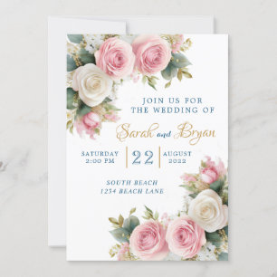 Pink White Roses Babies Breath Wedding Invitation