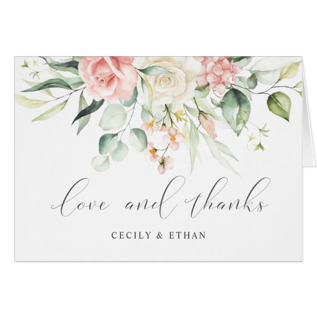 Pink White Roses Eucalyptus Wedding Thank You (Front Horizontal)
