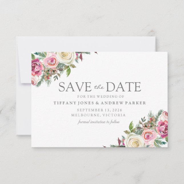 Pink & White Roses Floral Save The Date (Front)