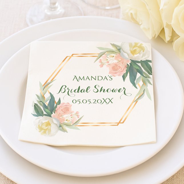 Pink White roses florals geometric Bridal Shower Napkin (Creator Uploaded)