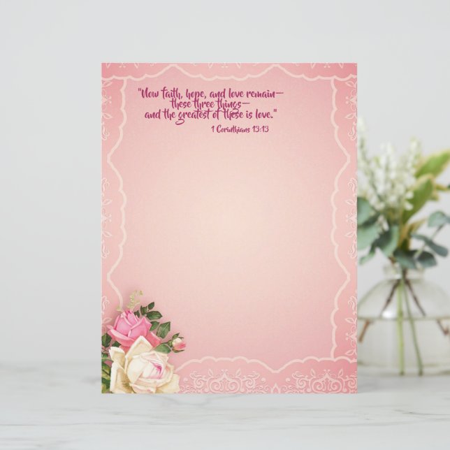 Pink White Roses Lace Border Stationery Scripture  (Standing Front)