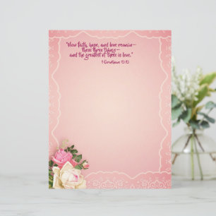 Pink White Roses Lace Border Stationery Scripture 
