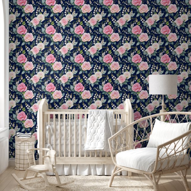 Pink White Roses Lily of The Valley Navy Blue Wallpaper (Kids)