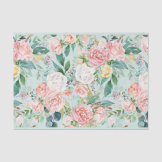 Pink & White Roses on Aqua Background Decoupage Tissue Paper