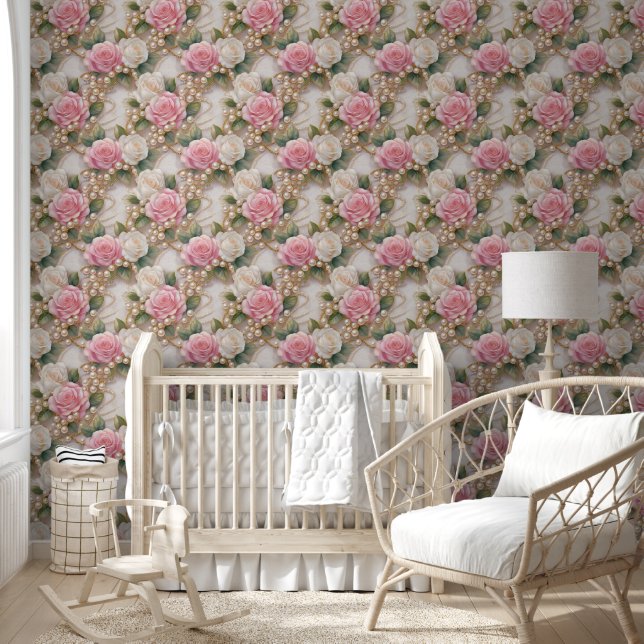 Pink White Roses Pearls Victorian Lace Wallpaper (Kids)
