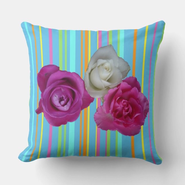 Pink White Roses Stripes Pattern Throw Pillow (Front)