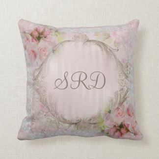 Pink & White Roses Victorian lace gold frame Throw Pillow