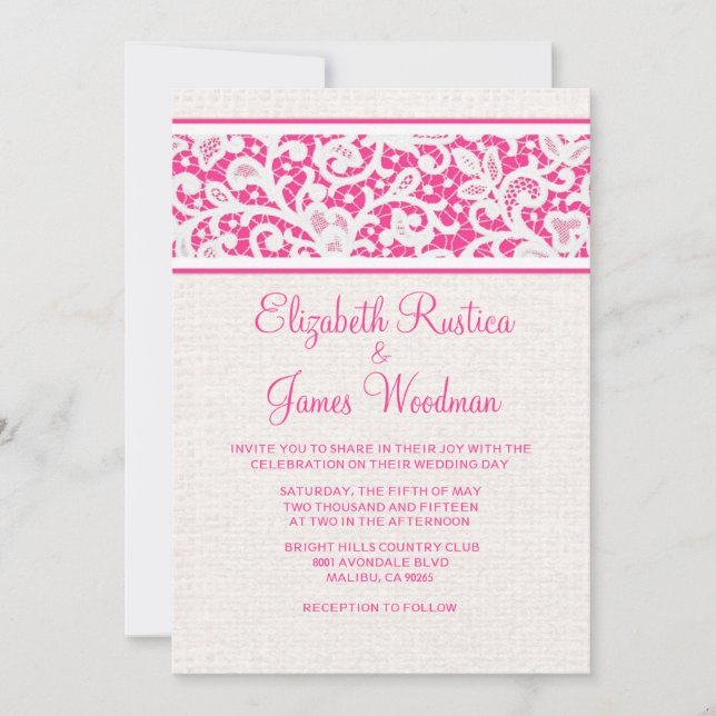 Pink White Rustic Burlap Linen Wedding Invitations (Front)