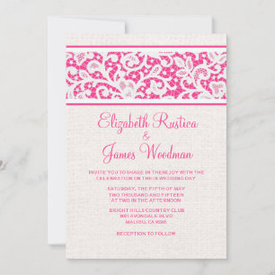 Pink White Rustic Burlap Linen Wedding Invitations