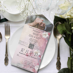 Pink White Sakura Cherry Blossom QR Code Photo All In One Invitation