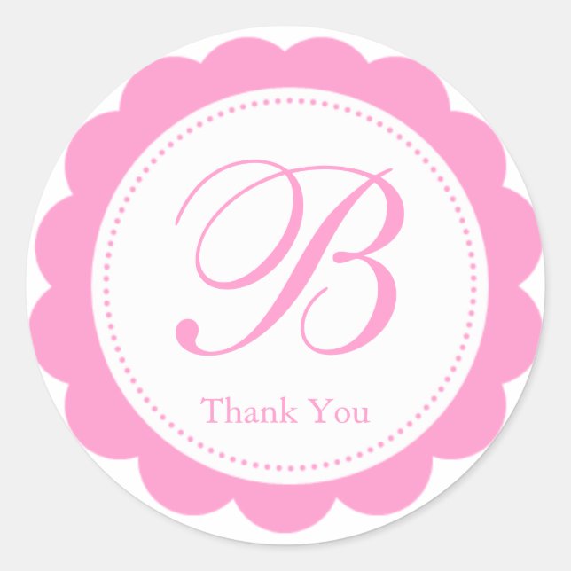 Pink White Scalloped Circle Monogram Thank You Classic Round Sticker (Front)