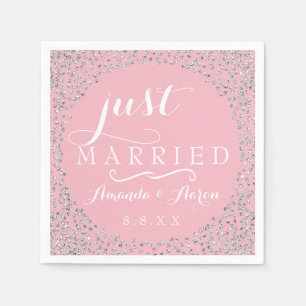 Pink White Silver  Confetti Wedding Just Married Napkin