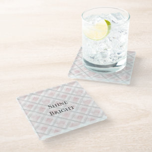 Pink White Silver Glitter Squares Glass Coaster