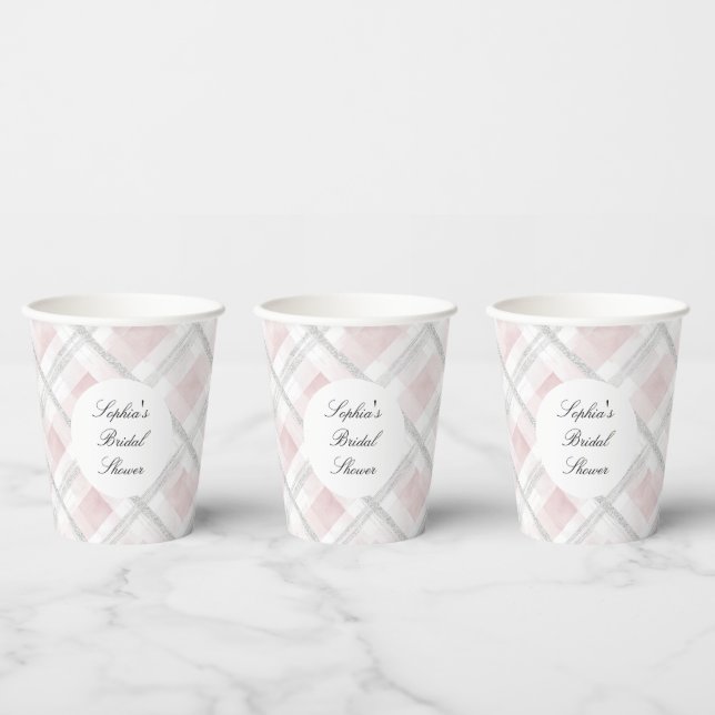 Pink White Silver Glitter Squares Wedding Paper Cups (Multi)